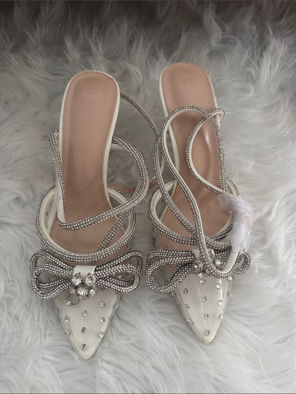 Amazon White Crystal Bow Pointed Toe Heels